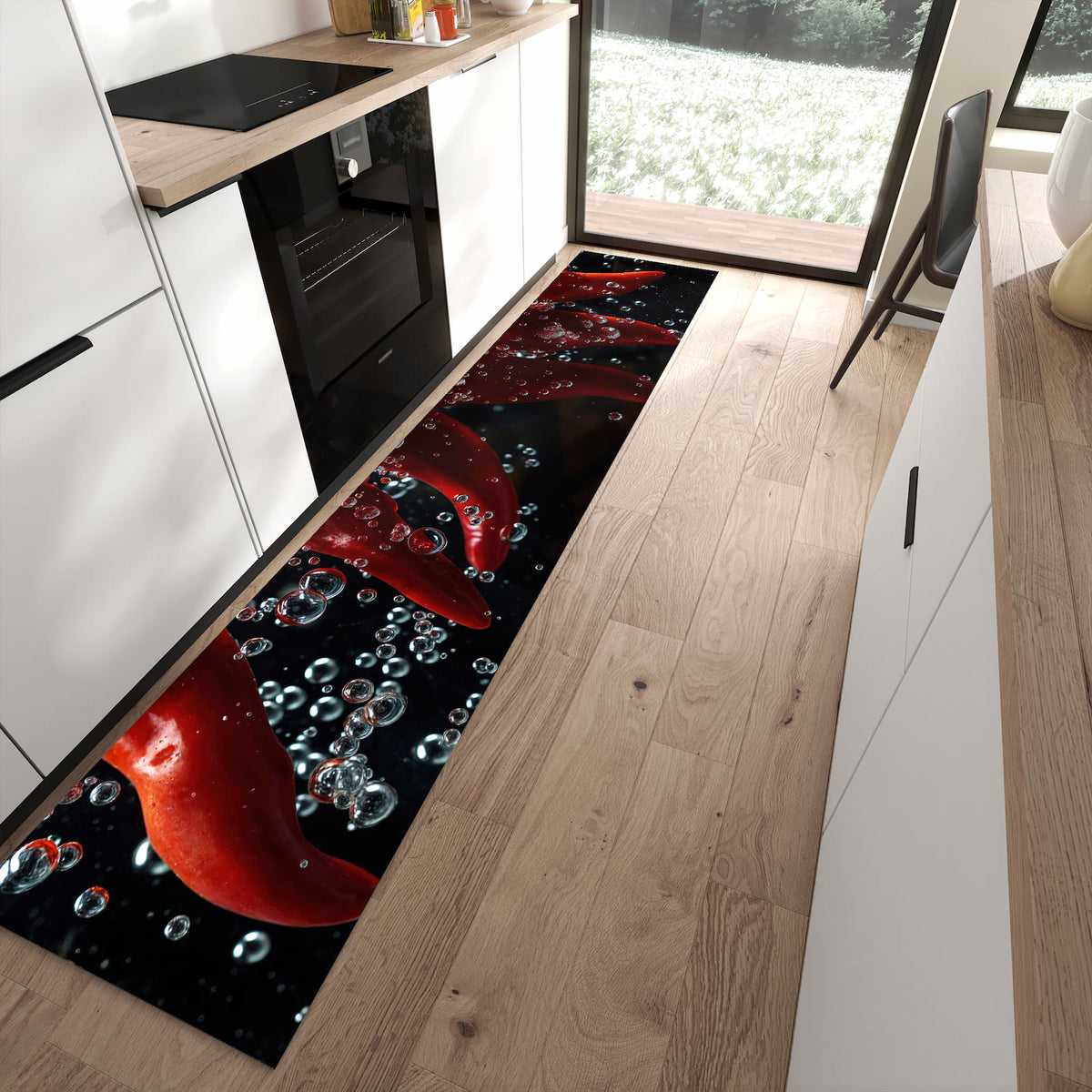 Küchenteppich mit Motiv Paprika im Wasser für Ordnung in moderner Küche