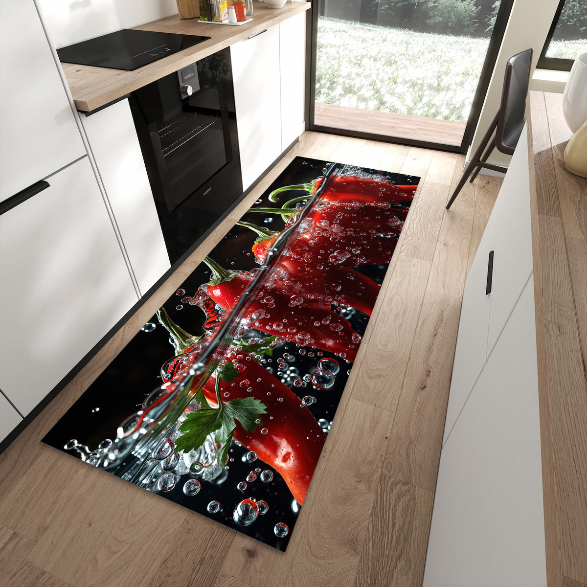 Abriebfester rutschfester Küchenläufer mit Motiv Paprika im Wasser in moderner Küche