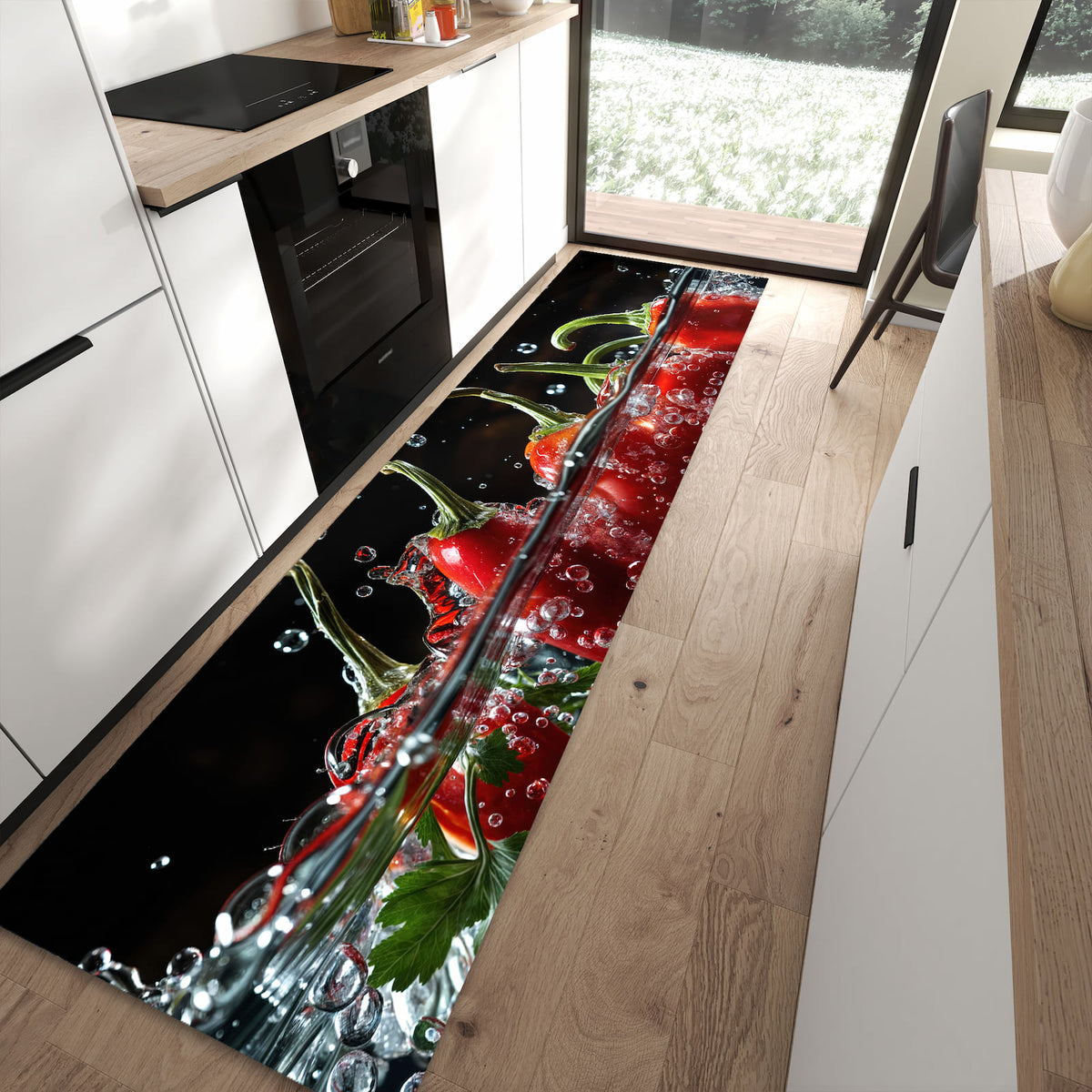 Zeitsparender rutschfester Küchenläufer mit Motiv Paprika im Wasser in moderner Küche