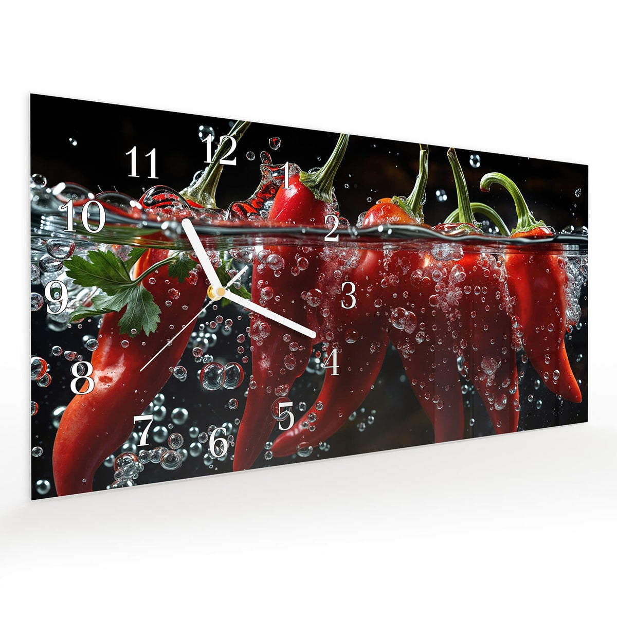 Vormontiert – mit Schwebeeffekt – Wanduhr Paprika im Wasser aus Glas – Querformat 60 × 30 cm