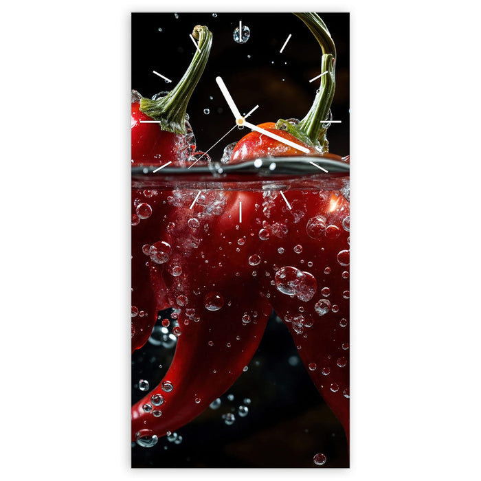 Wanduhr Paprika im Wasser aus Glas – Hochformat 30 × 60 cm mit Ziffernblatt Linie