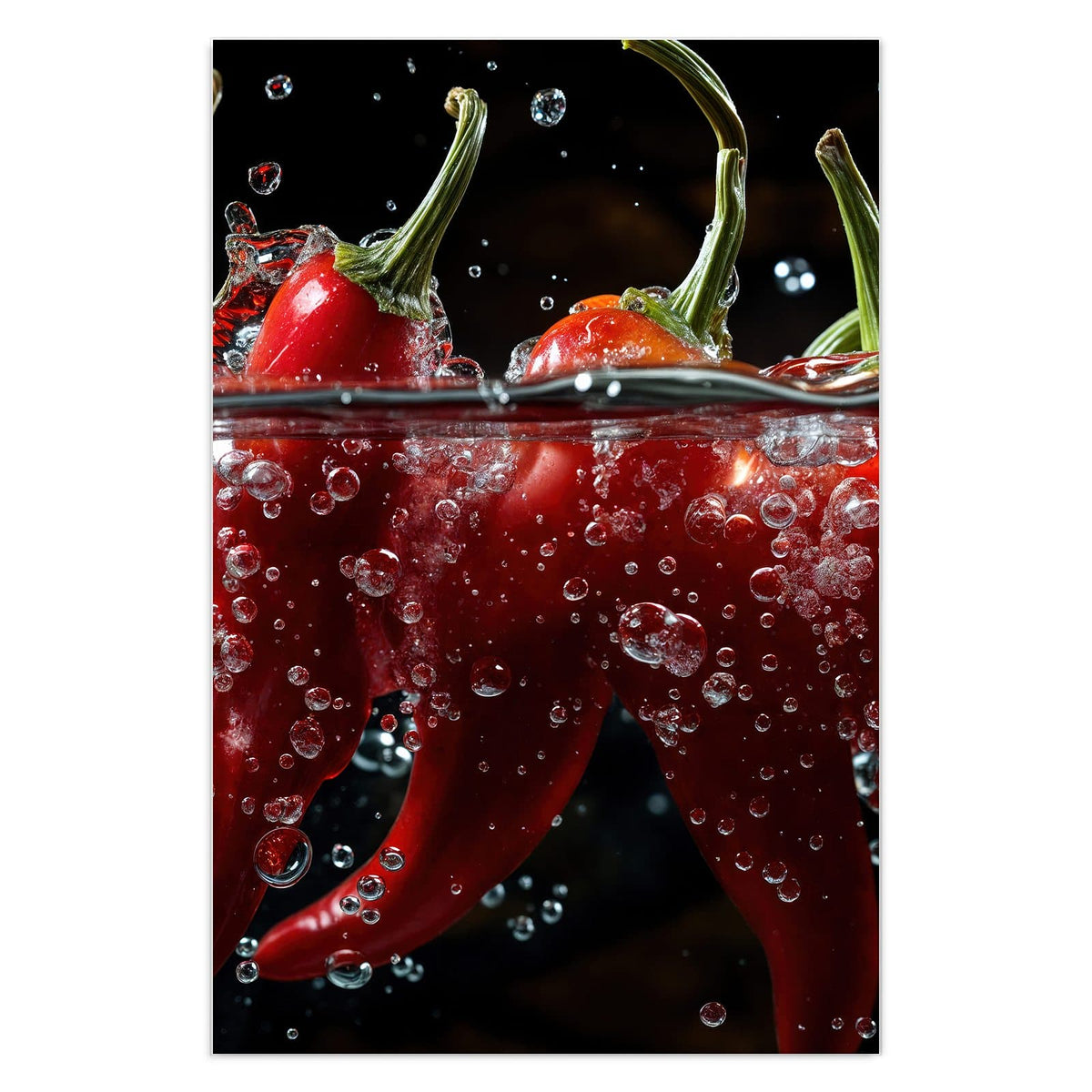 Rote Chilischoten halb im Wasser, dicht besetzt mit Luftblasen, schwarzer Hintergrund