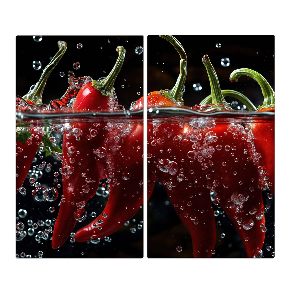 Rote Chilischoten halb im Wasser, dicht besetzt mit Luftblasen, schwarzer Hintergrund