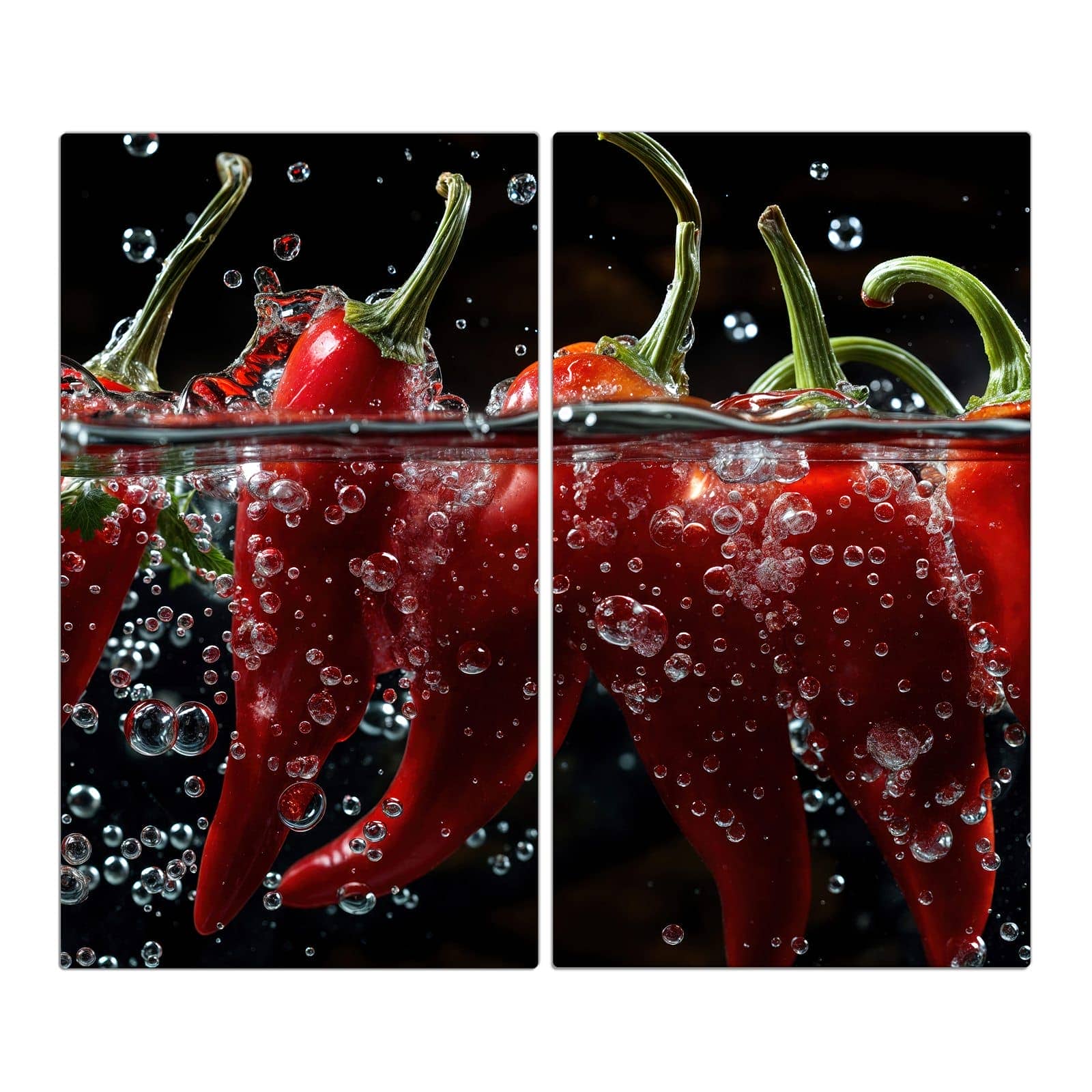 2-teilige Herdabdeckung aus Glas mit Paprika im Wasser-Motiv in der Frontansicht #grösse_2-Teilig (60x52cm)