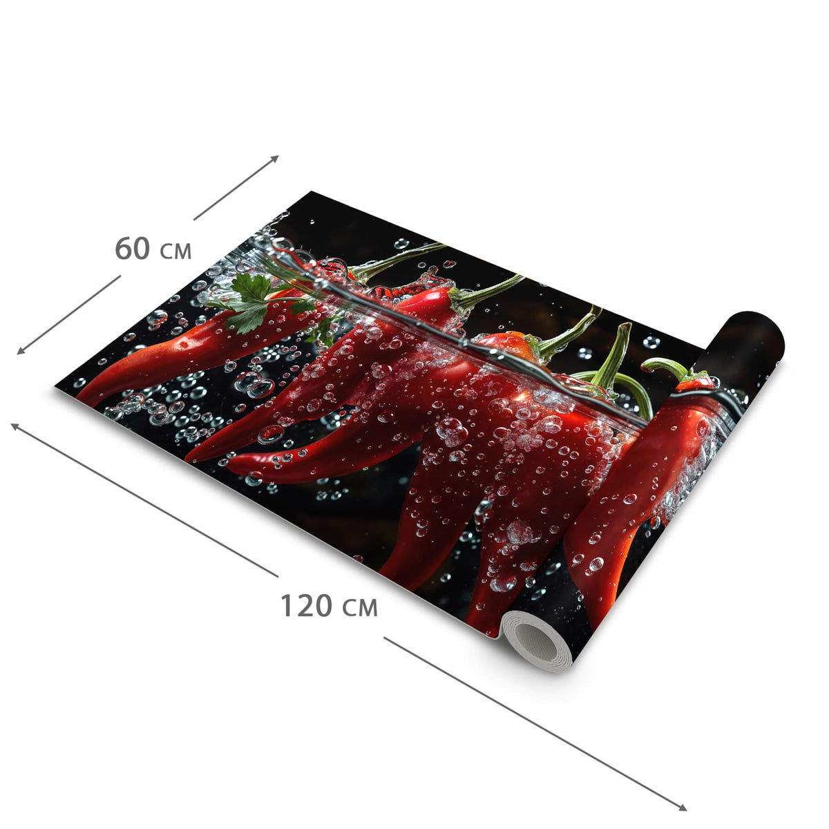 Langlebiger moderner Küchenläufer mit Motiv Paprika im Wasser in der Grösse 90x180 cm