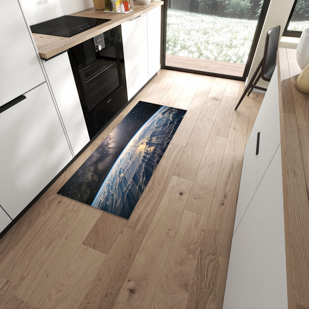 Komfortabler Küchenteppich mit Motiv Weltall Sonnenaufgang in moderner Küche #grösse_60 x 150 cm