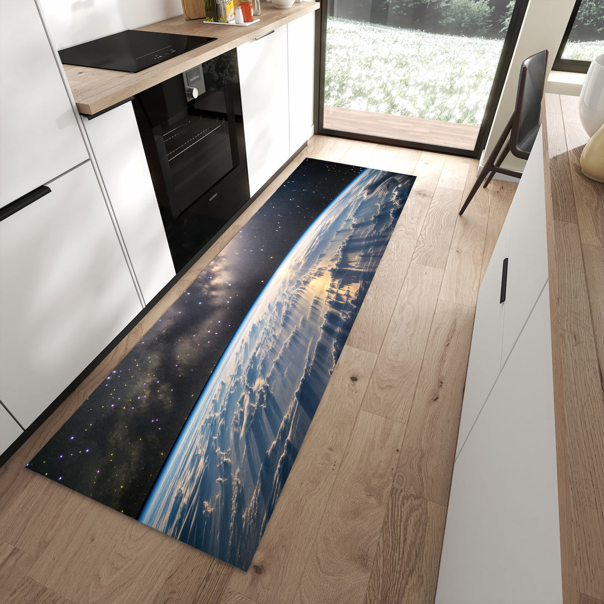 Rutschfester Küchenteppich mit Motiv Weltall Sonnenaufgang in moderner Küche