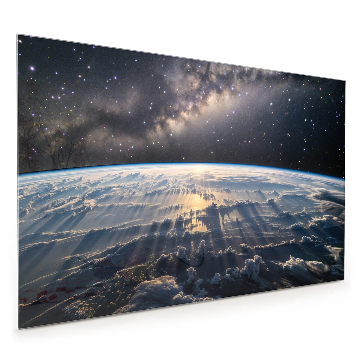 Küchenrückwand aus Glas im Hochformat mit Motiv Erde und Milchstraße: Erdatmosphäre von oben, darüber die Milchstraße, am Horizont Sonnenlicht
