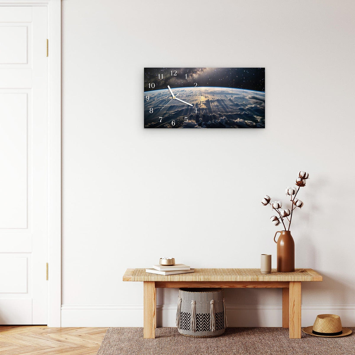 Moderne Wanduhr aus Glas mit Farbtiefe – Wanduhr Weltall Sonnenaufgang aus Glas – Querformat 60 × 30 cm