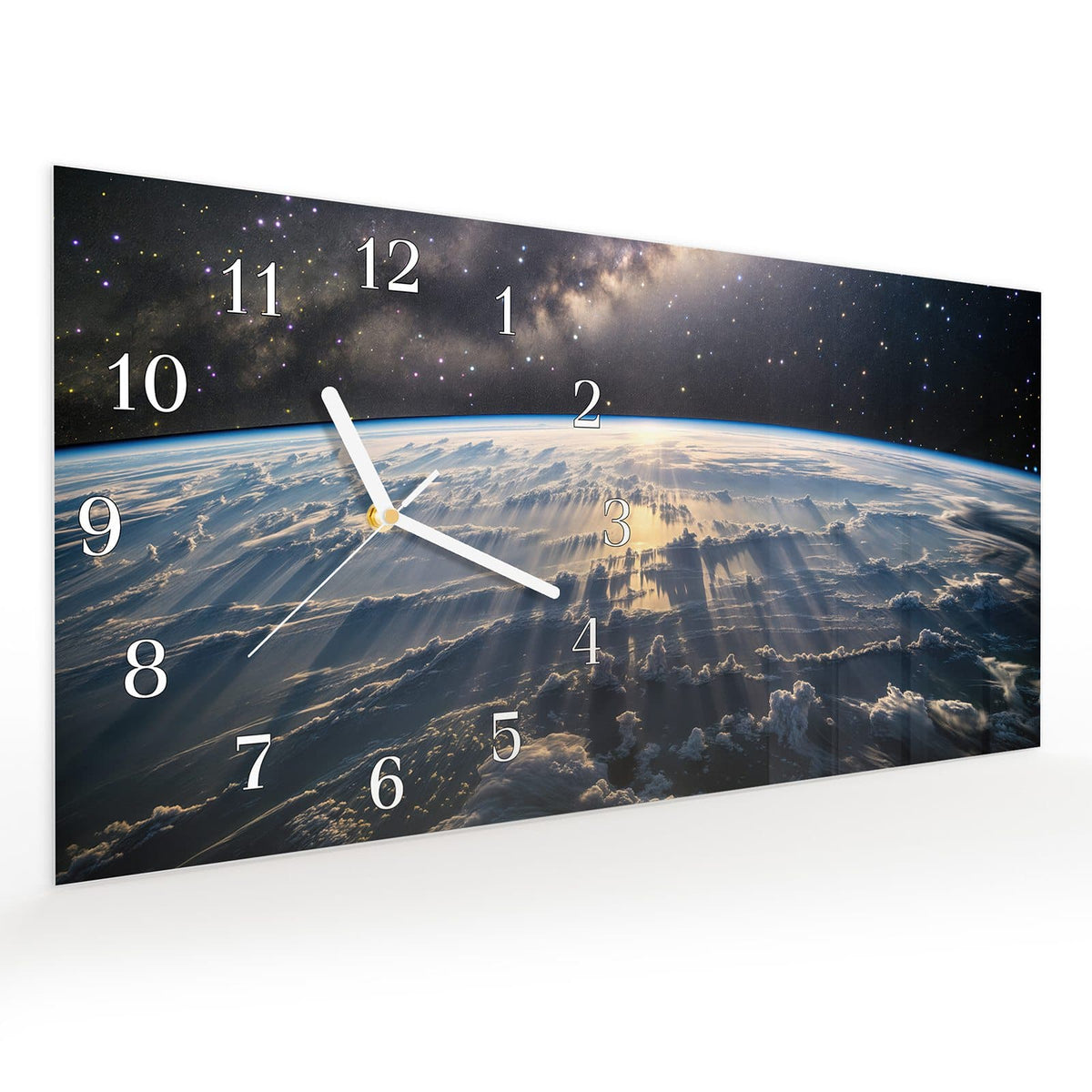Vormontiert – mit Schwebeeffekt – Wanduhr Weltall Sonnenaufgang aus Glas – Querformat 60 × 30 cm
