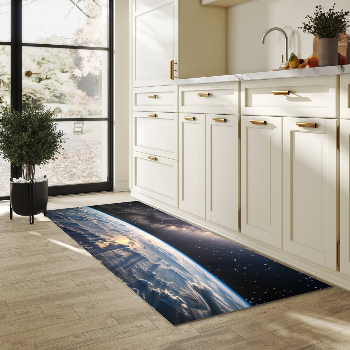 Dünner waschbarer Küchenteppich mit Motiv Weltall Sonnenaufgang für angenehme Haptik in heller Küche