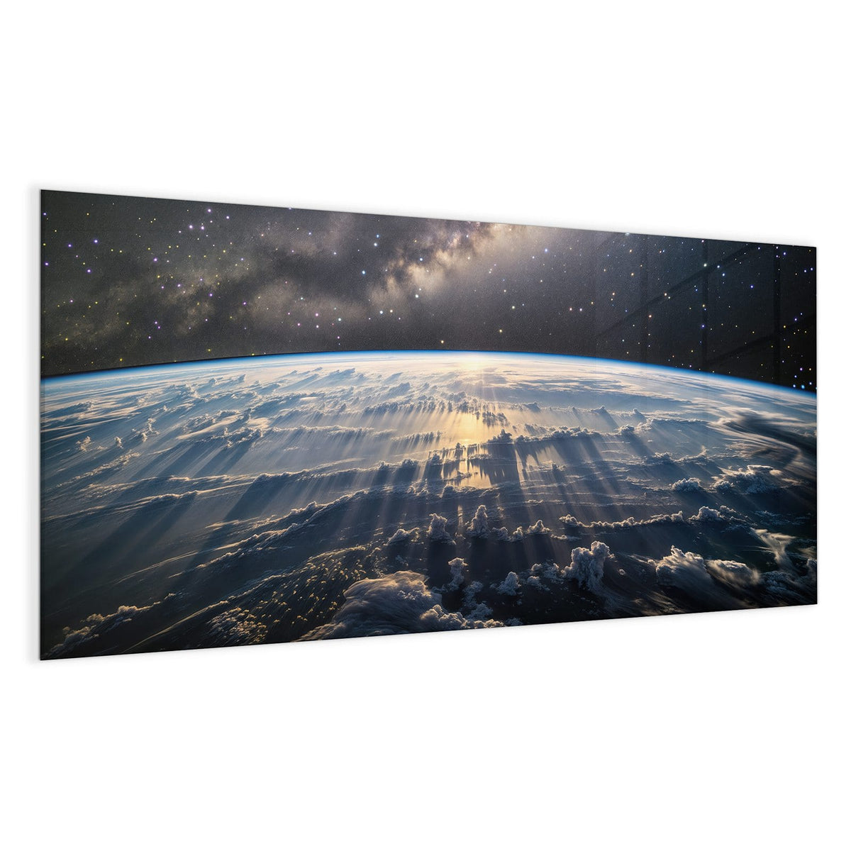 Erdatmosphäre von oben, darüber die Milchstraße, am Horizont Sonnenlicht