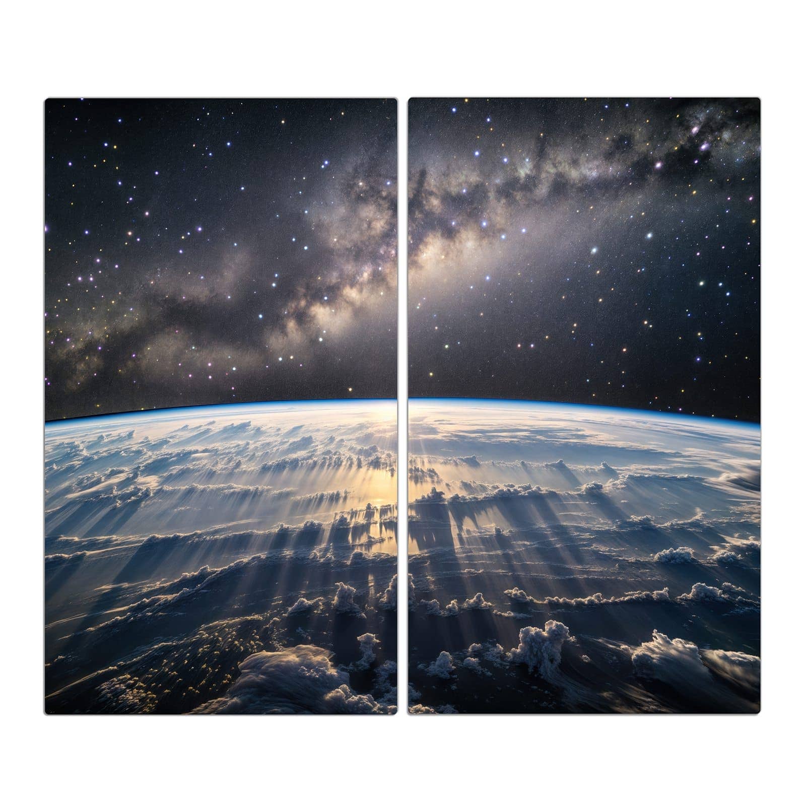 2-teilige Deckplatte aus Glas mit Weltall Sonnenaufgang-Motiv in der Frontansicht