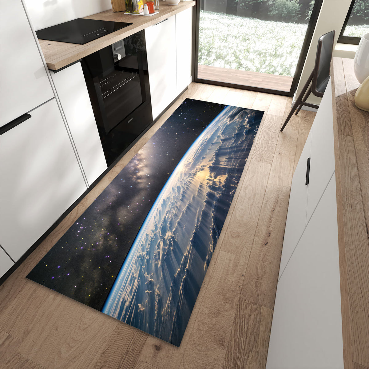 Strapazierfähiger Küchenteppich mit Motiv Weltall Sonnenaufgang in moderner Küche