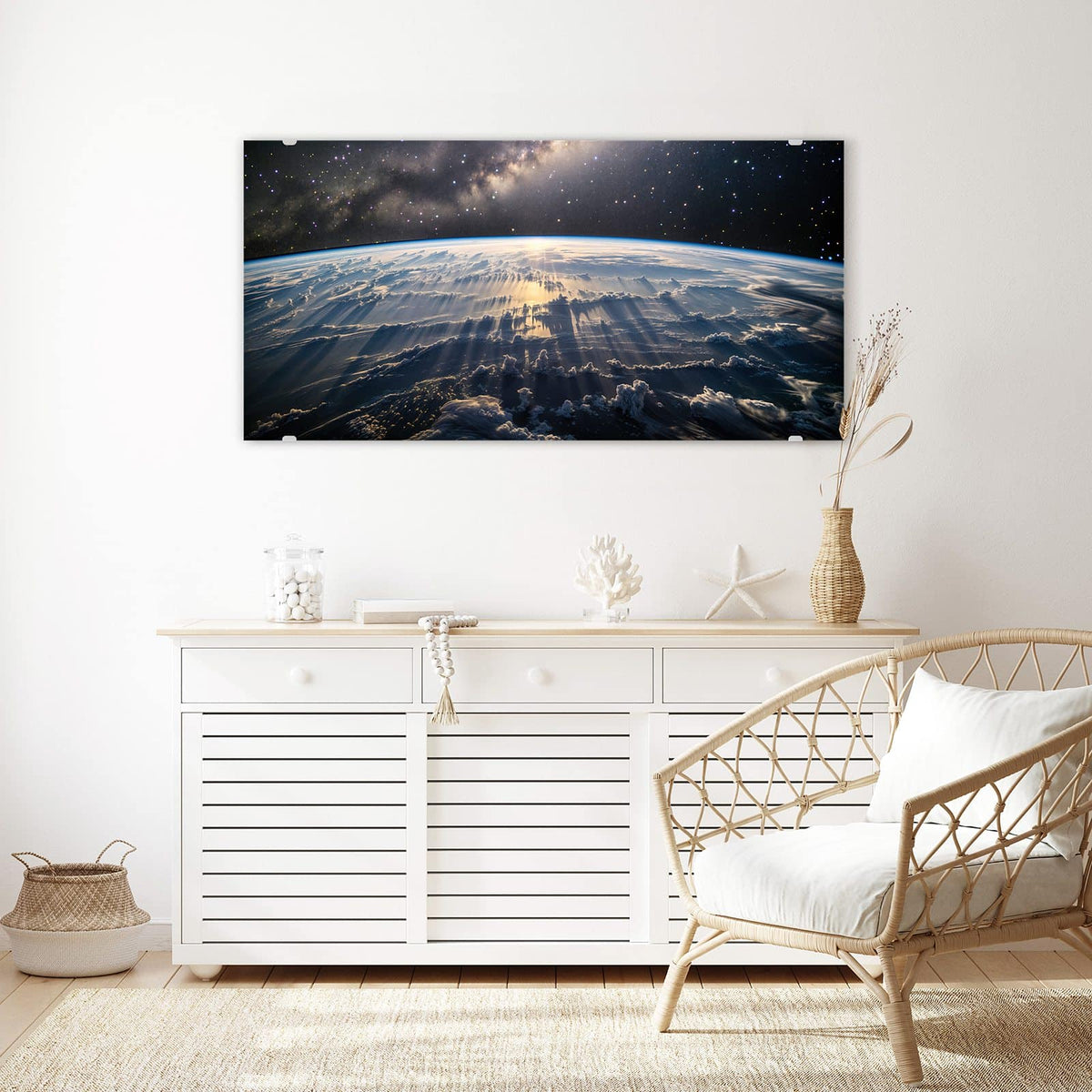 Echtglas, 4 mm – kein Acryl, keine Folie – Wandbild - Erde und Milchstraße - Querformat