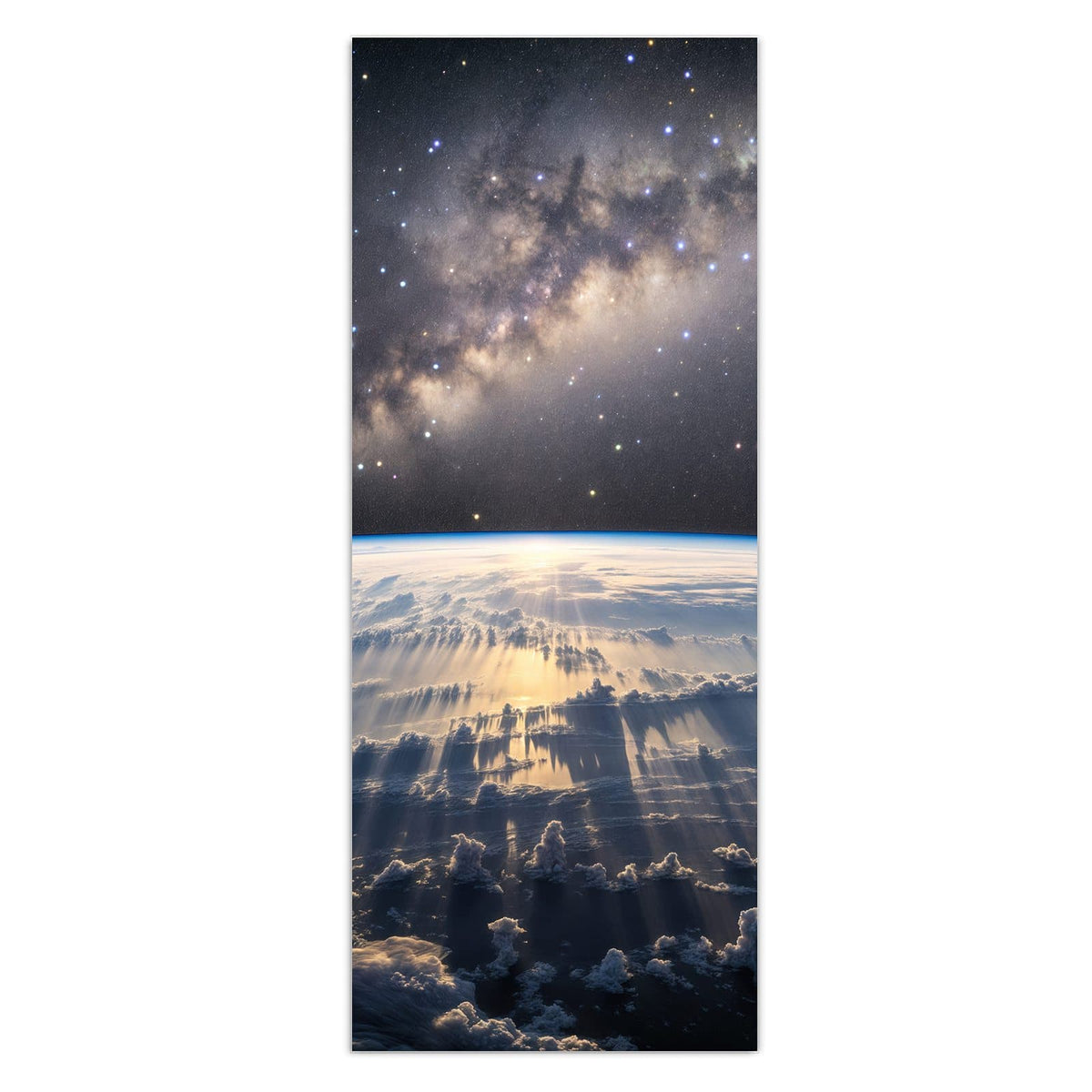 Erdatmosphäre von oben, darüber die Milchstraße, am Horizont Sonnenlicht