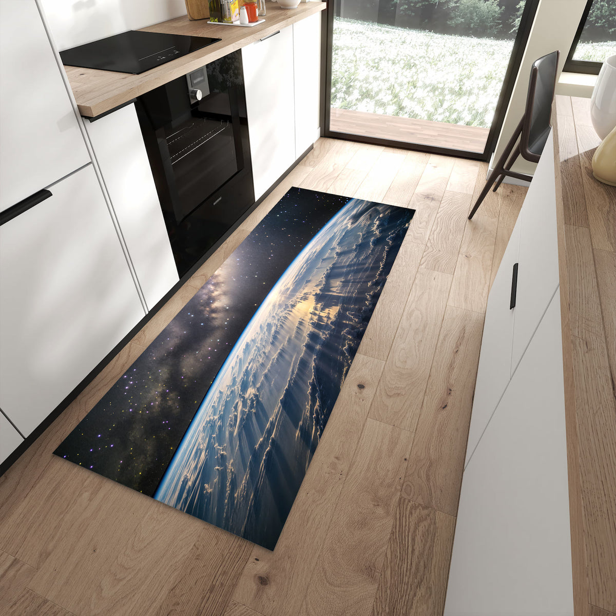 Flacher Küchenläufer mit Motiv Weltall Sonnenaufgang in moderner Küche