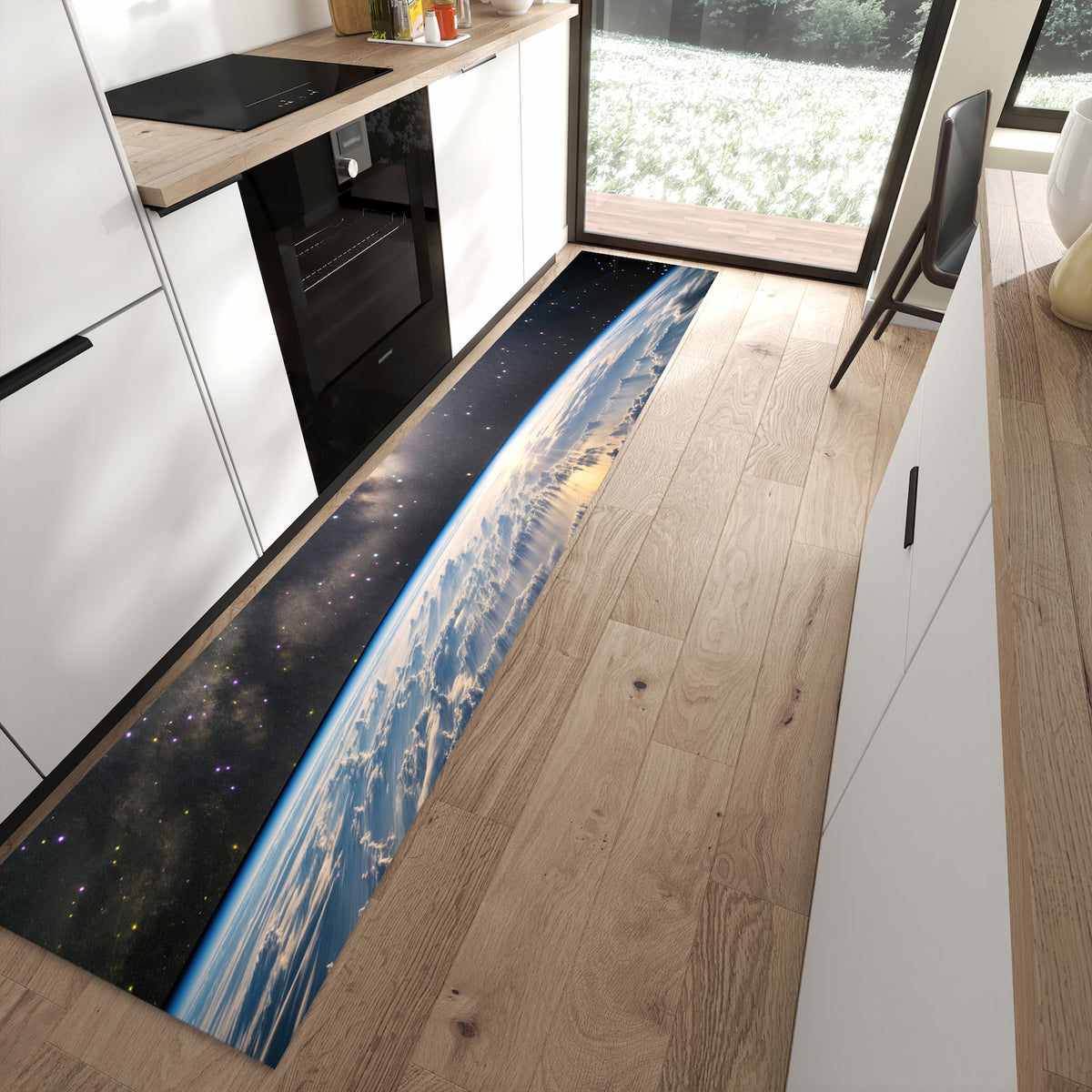 Geruchsneutraler Teppich in Küche mit Motiv Weltall Sonnenaufgang in moderner Küche