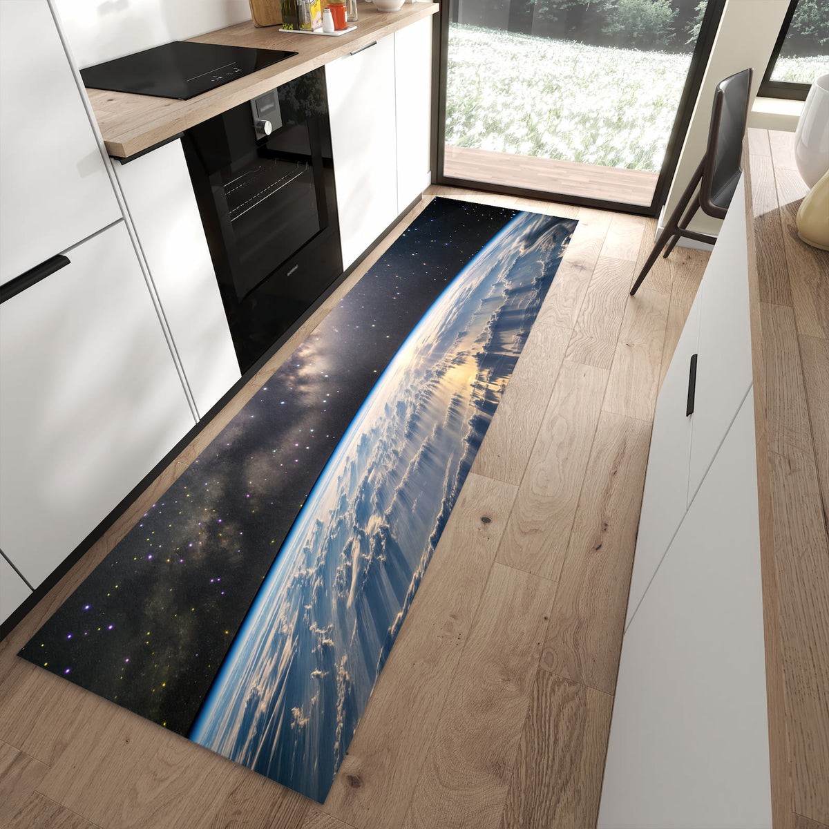 Waschbarer Küchenteppich mit Motiv Weltall Sonnenaufgang in moderner Küche