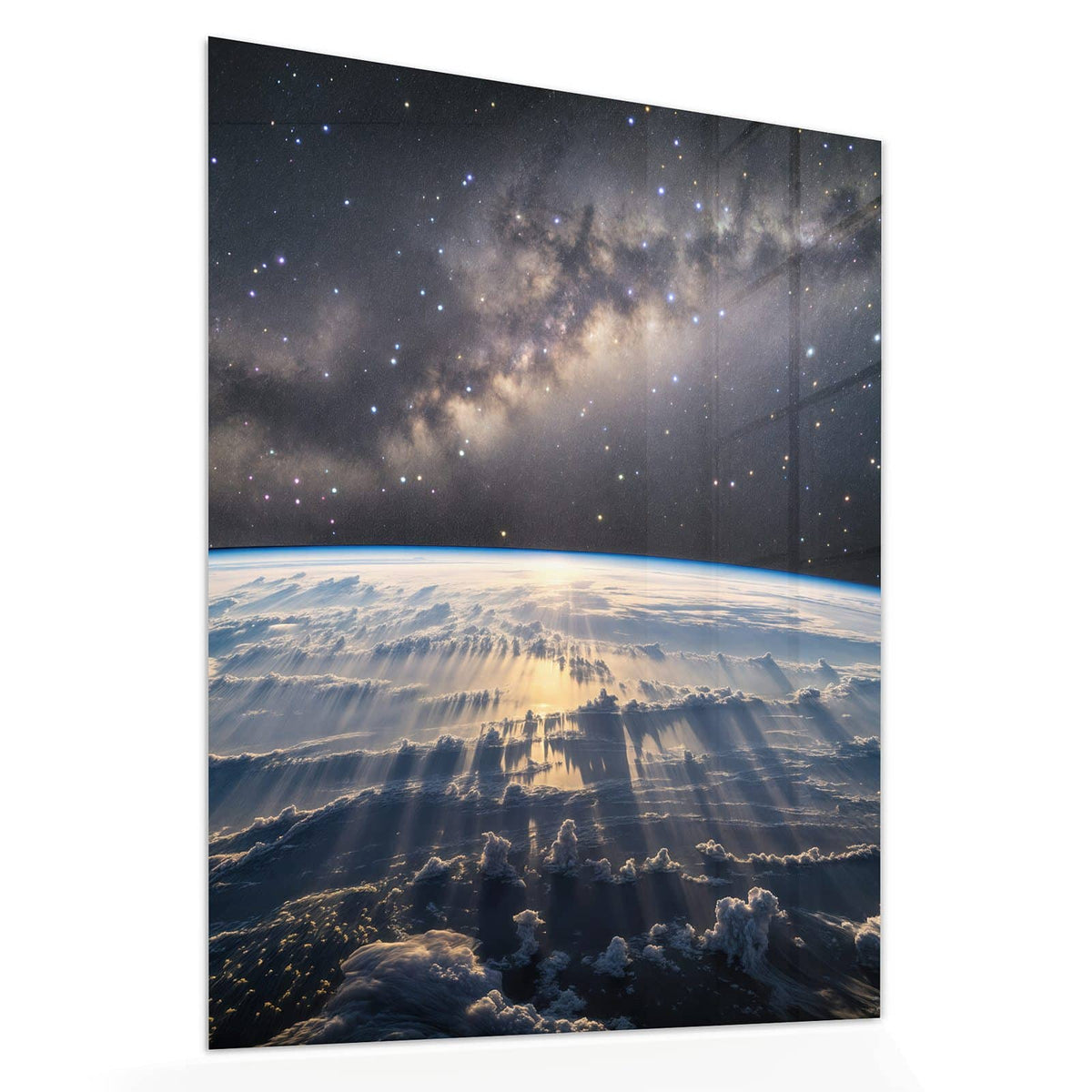 Echtglas, 4 mm – kein Acryl, keine Folie – Wandbild - Erde und Milchstraße - Hochformat