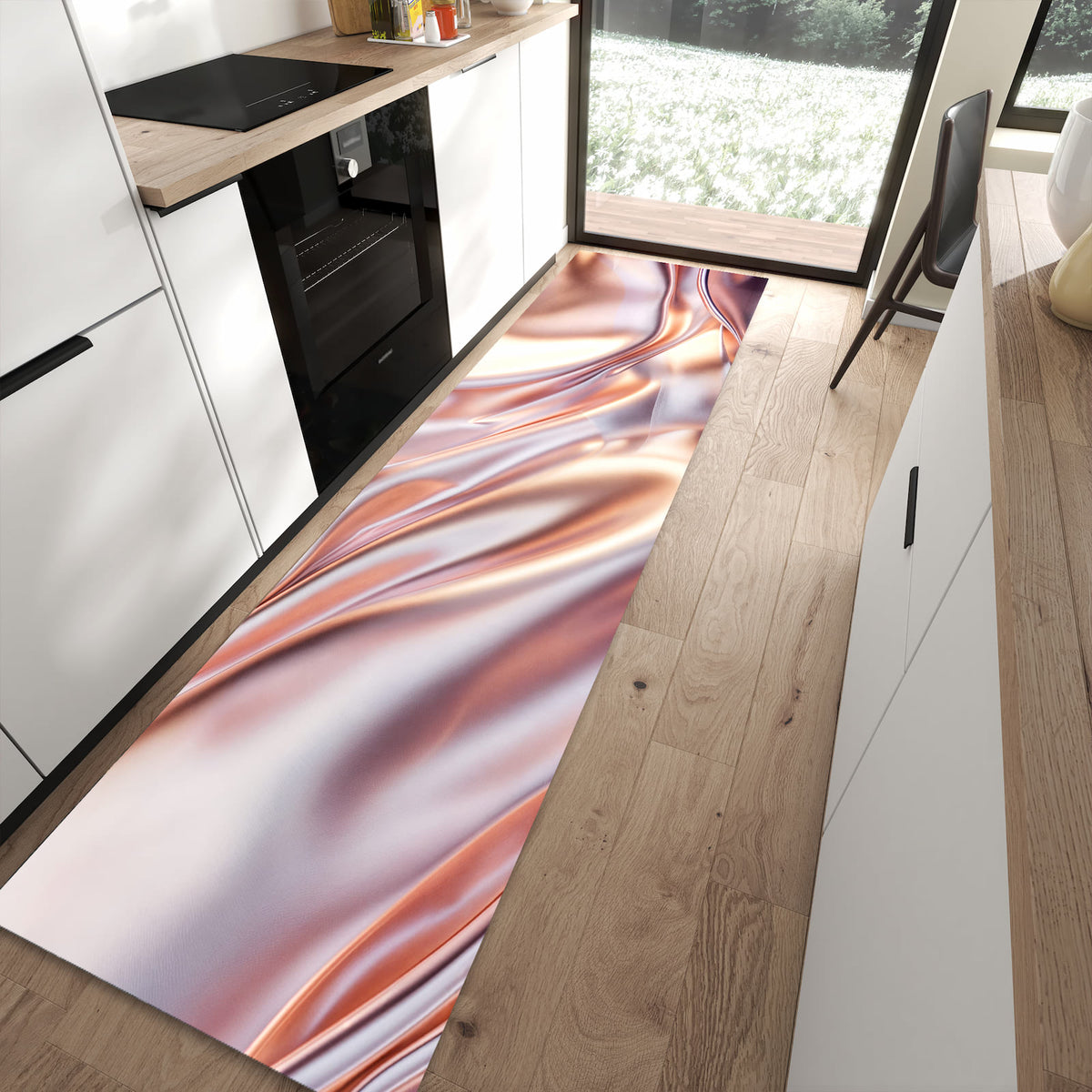 Zeitsparender abwaschbarer Küchenteppich mit Motiv Glänzender Stoff in moderner Küche