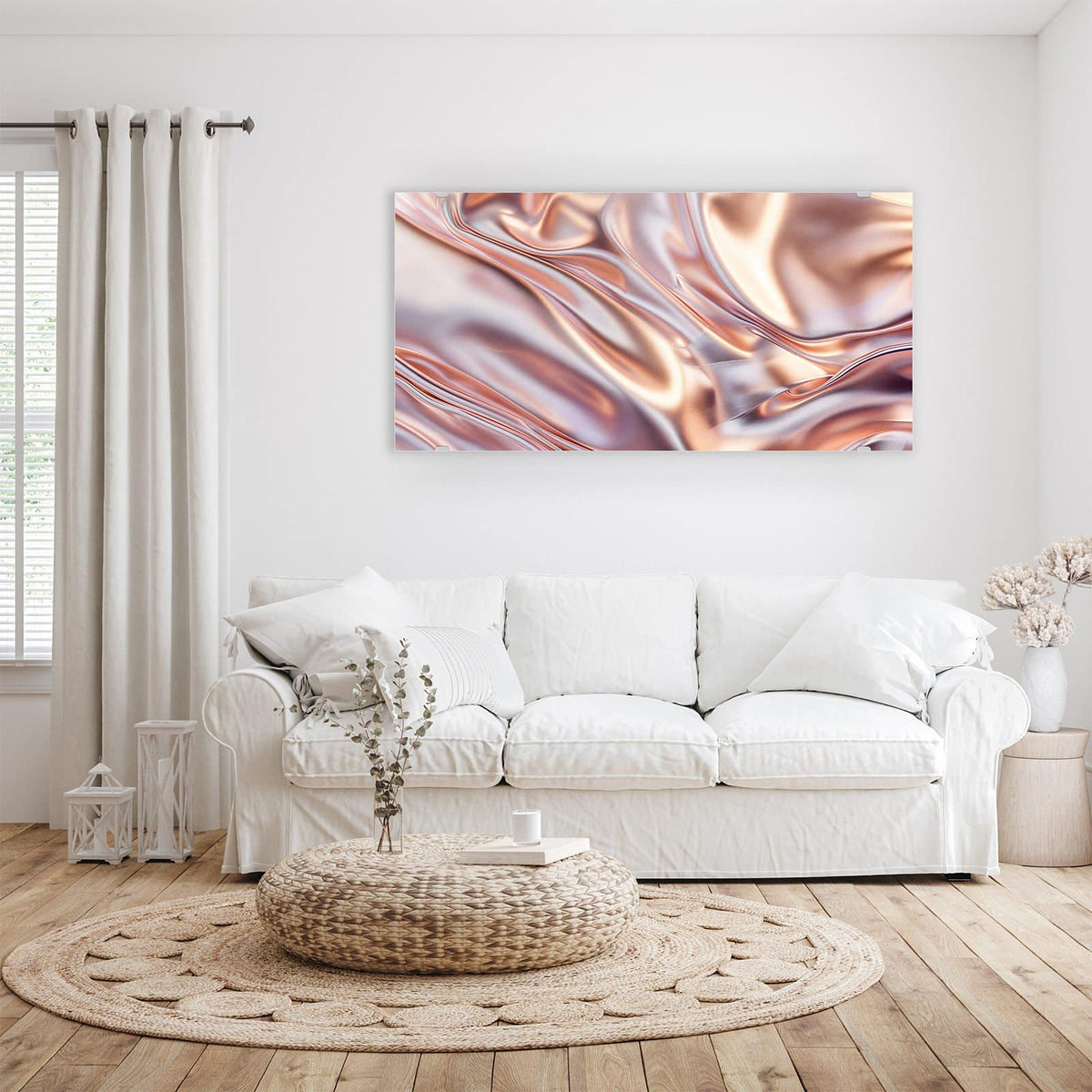 Wandbild - Seidenfalten in Kupfer - Querformat – Seidige Stofffalten in Kupfer und Rosé