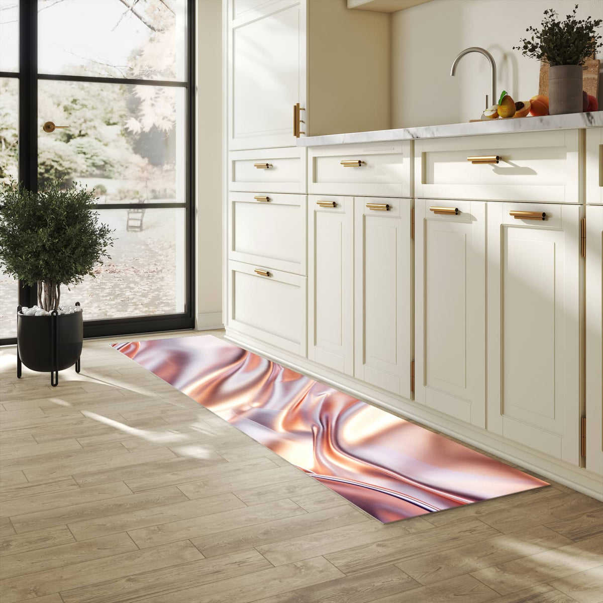 Bodenschonender Küchenteppich mit Motiv Glänzender Stoff in heller Küche