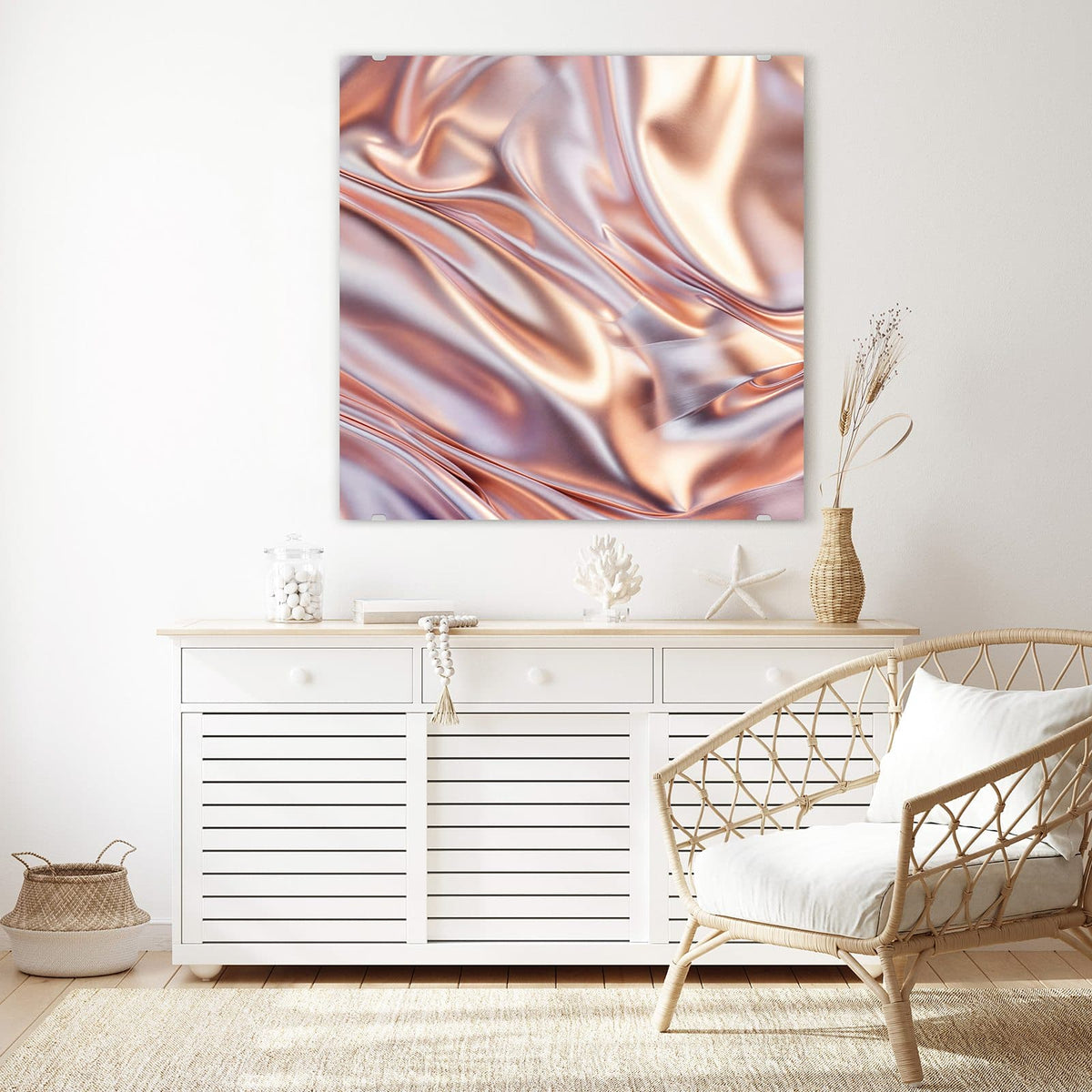 Echtglas, 4 mm – kein Acryl, keine Folie – Wandbild - Seidenfalten in Kupfer - Quadratisch