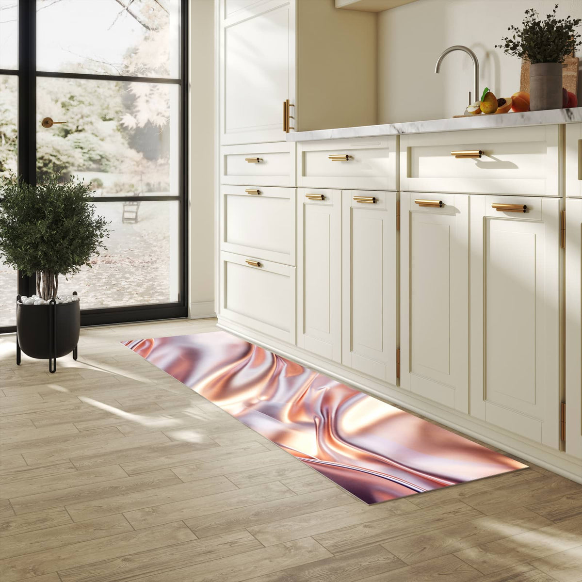 Feuchtigkeitsresistenter Teppich für Küche mit Motiv Glänzender Stoff in heller Küche