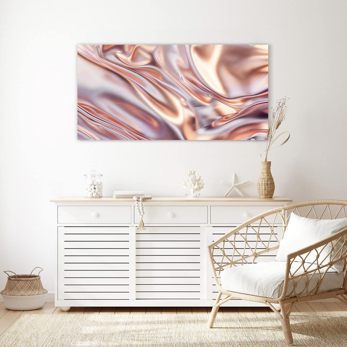 Echtglas, 4 mm – kein Acryl, keine Folie – Wandbild - Seidenfalten in Kupfer - Querformat