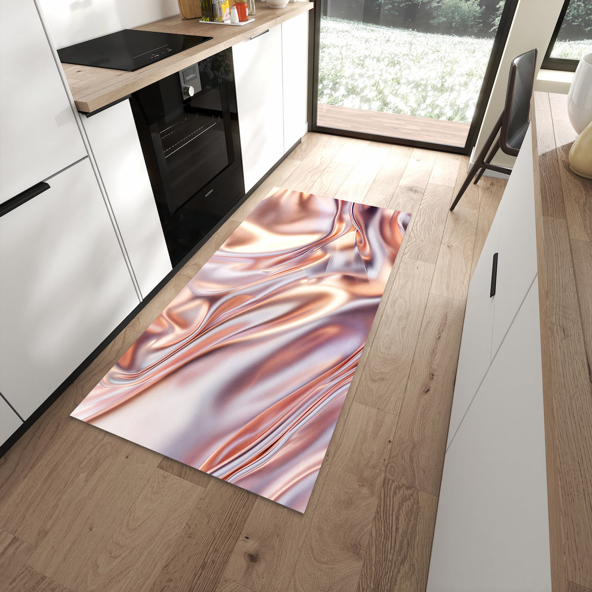 Geräuschdämpfender Küchenteppich mit Motiv Glänzender Stoff in moderner Küche