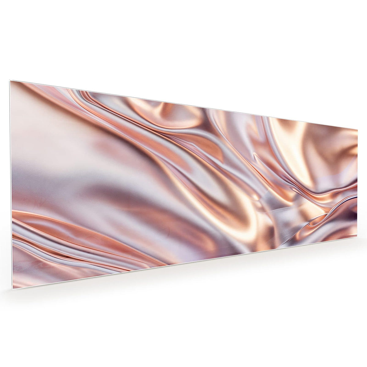 Küchenrückwand aus Glas im Hochformat mit Motiv Seidenfalten in Kupfer: Glänzende Stofffalten in Roségold und Silber, weiche Lichtkanten #grösse_40 x 100 cm #grösse_50 x 125 cm #grösse_60 x 150 cm