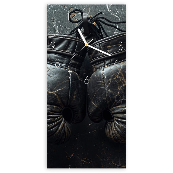 Wanduhr Boxhandschuhe Vintage aus Glas – Hochformat 30 × 60 cm mit Ziffernblatt Elegant