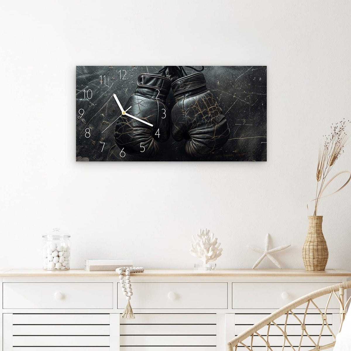 Wanduhr Boxhandschuhe Vintage aus Glas – Querformat 60 × 30 cm – Alte Boxhandschuhe mit Gebrauchsspuren