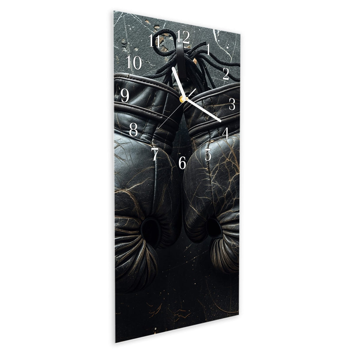 Vormontiert – mit Schwebeeffekt – Wanduhr Boxhandschuhe Vintage aus Glas – Hochformat 30 × 60 cm