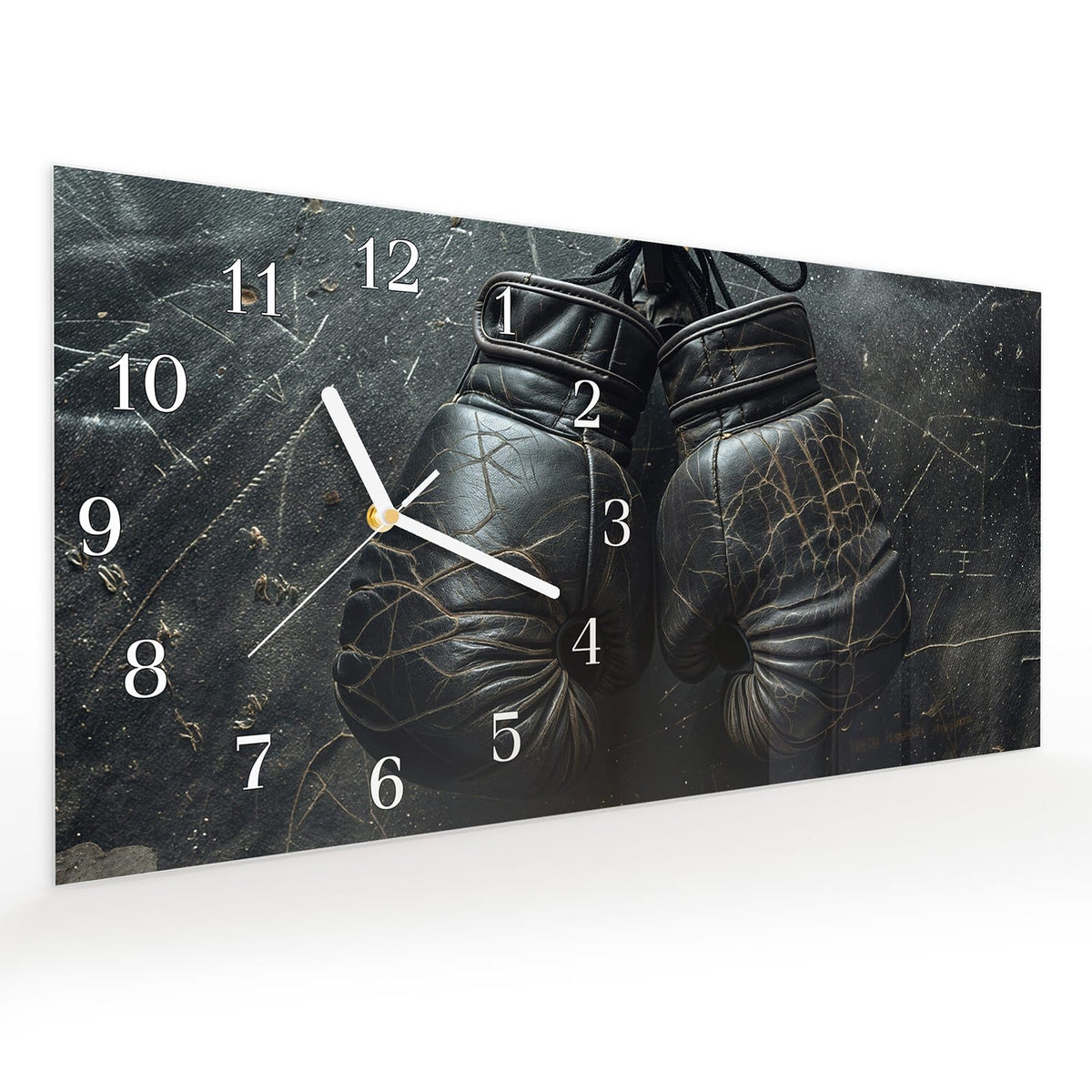 Vormontiert – mit Schwebeeffekt – Wanduhr Boxhandschuhe Vintage aus Glas – Querformat 60 × 30 cm
