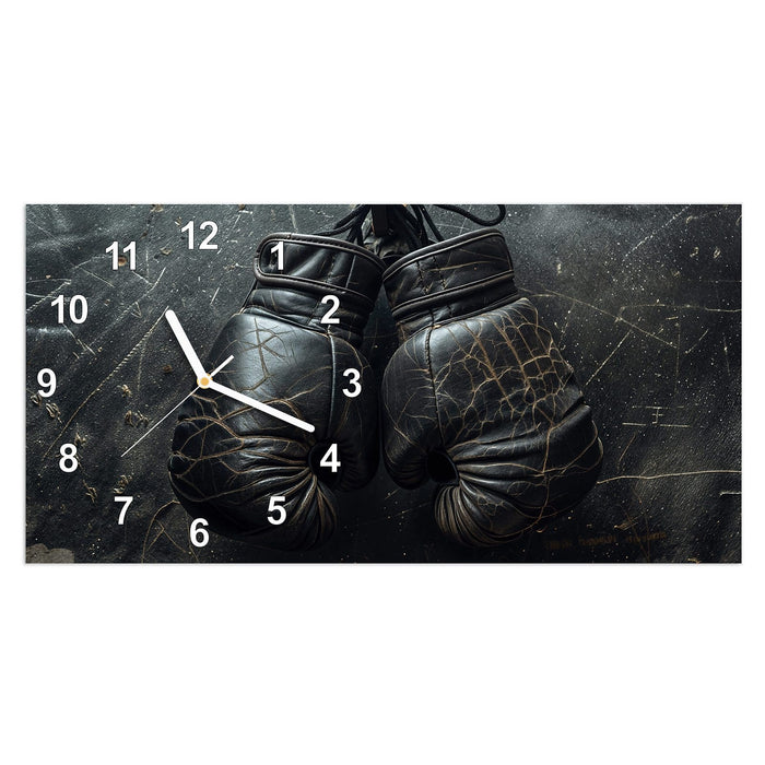 Wanduhr Boxhandschuhe Vintage aus Glas – Querformat 60 × 30 cm mit Ziffernblatt Modern