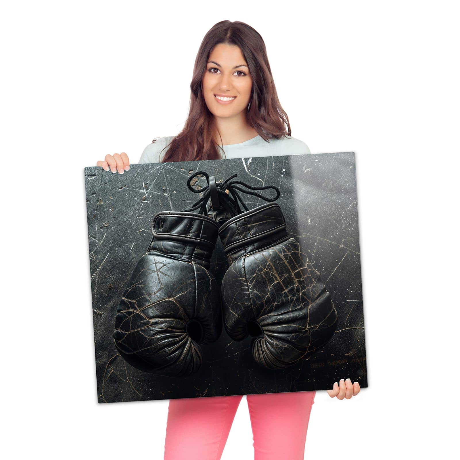 Abdeckplatten für Ceranfeld mit Boxhandschuhe Vintage-Motiv wird zur Größendarstellung gehalten