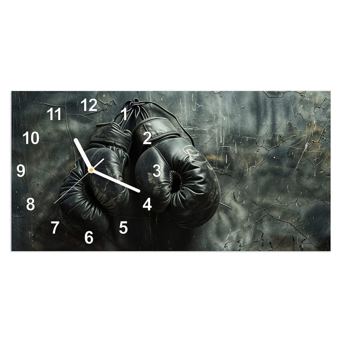 Wanduhr Vintage Boxhandschuhe aus Glas – Querformat 60 × 30 cm mit Ziffernblatt Modern