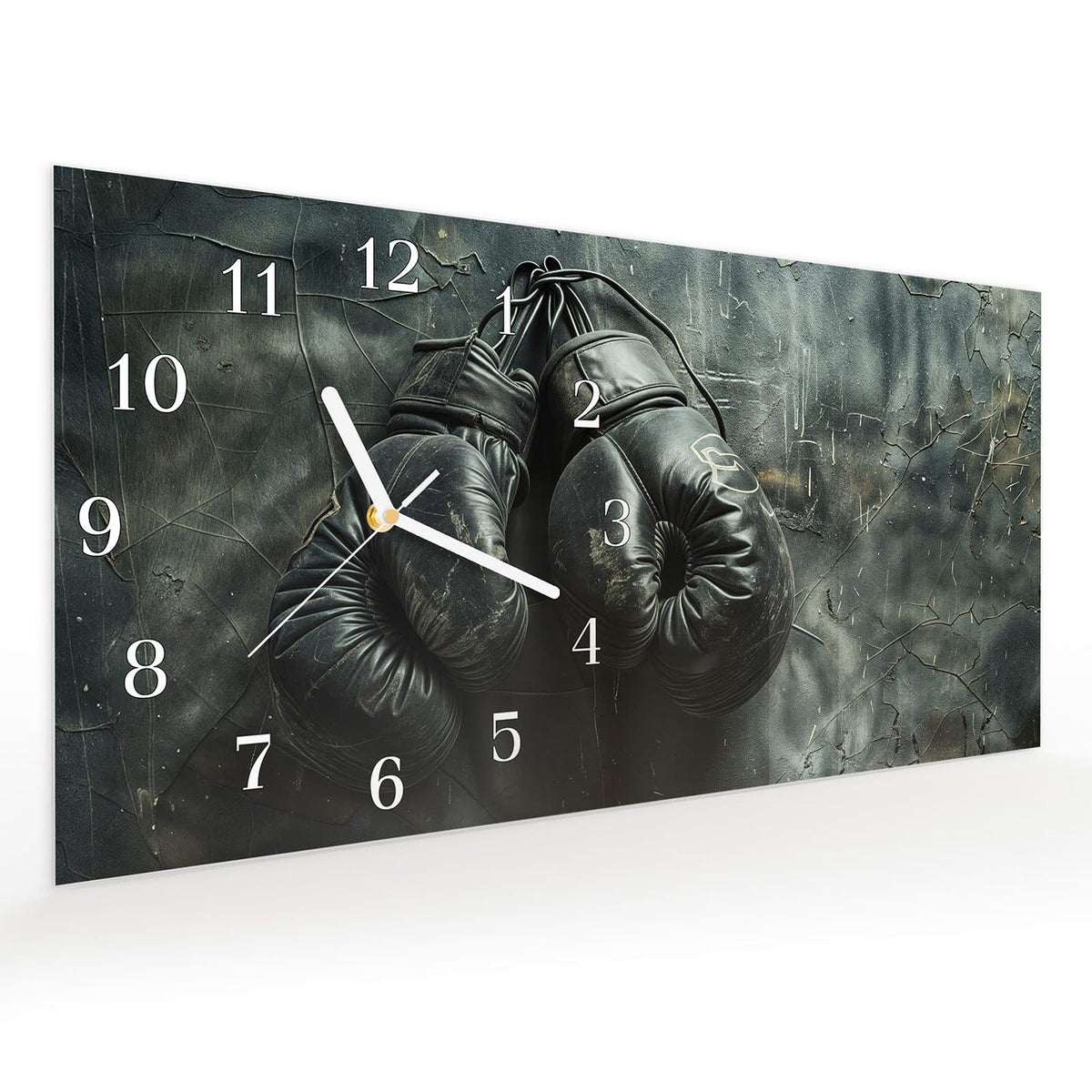 Vormontiert – mit Schwebeeffekt – Wanduhr Vintage Boxhandschuhe aus Glas – Querformat 60 × 30 cm