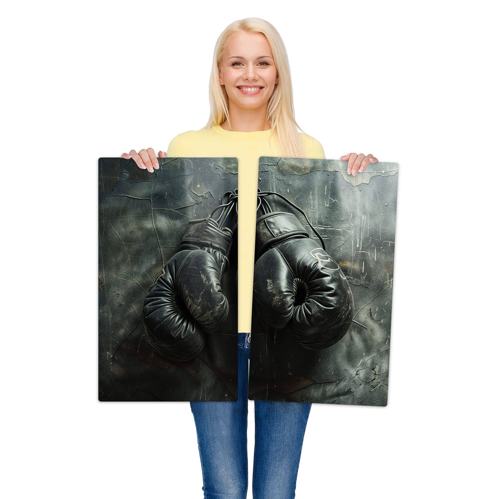 2-teilige Abdeckung für Herdplatten mit Vintage Boxhandschuhe-Motiv wird zur Größendarstellung gehalten