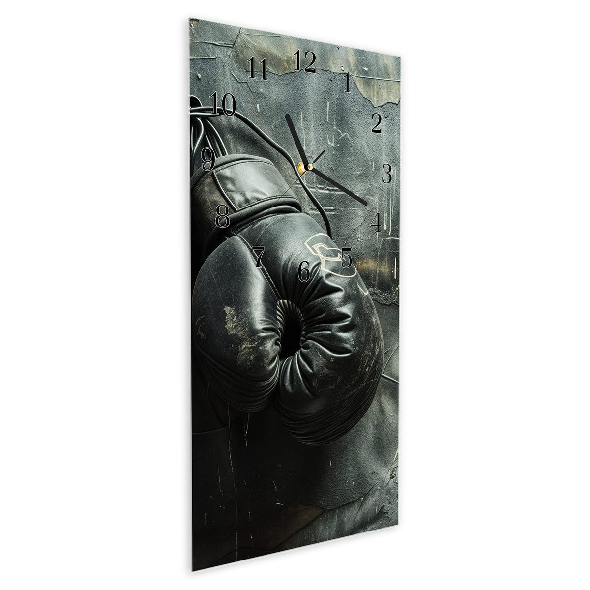 Vormontiert – mit Schwebeeffekt – Wanduhr Vintage Boxhandschuhe aus Glas – Hochformat 30 × 60 cm