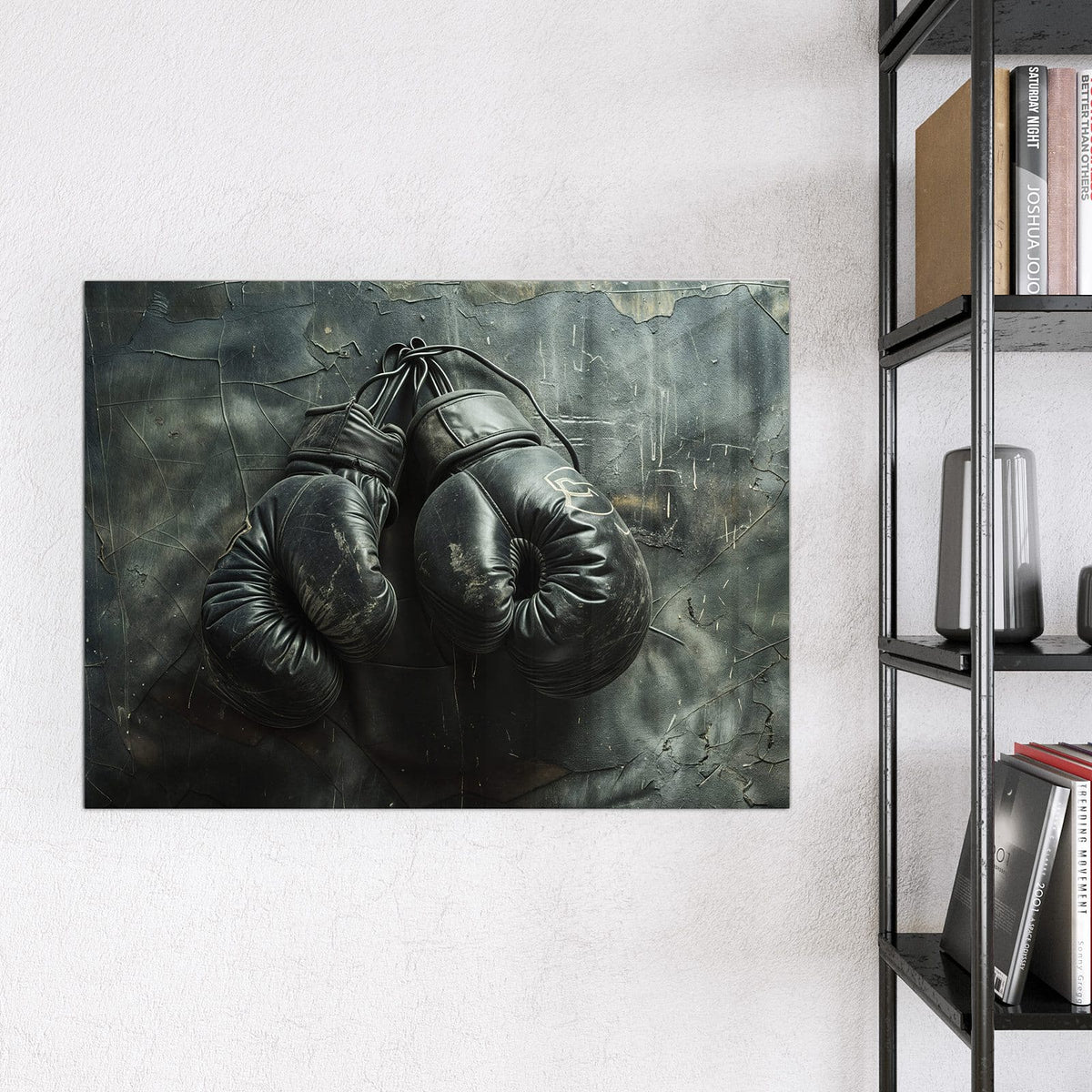 Glas Magnettafel - Boxhandschuhe an Wand – Schwarze Boxhandschuhe vor rauem Putz