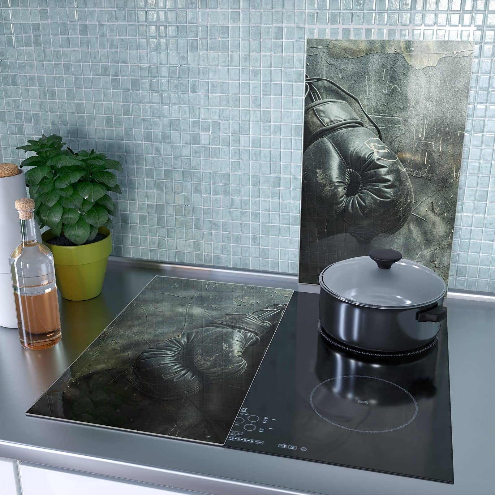 2-teilige Herdabdeckung mit Vintage Boxhandschuhe-Motiv als Spritzschutz hinter dem Kochfeld