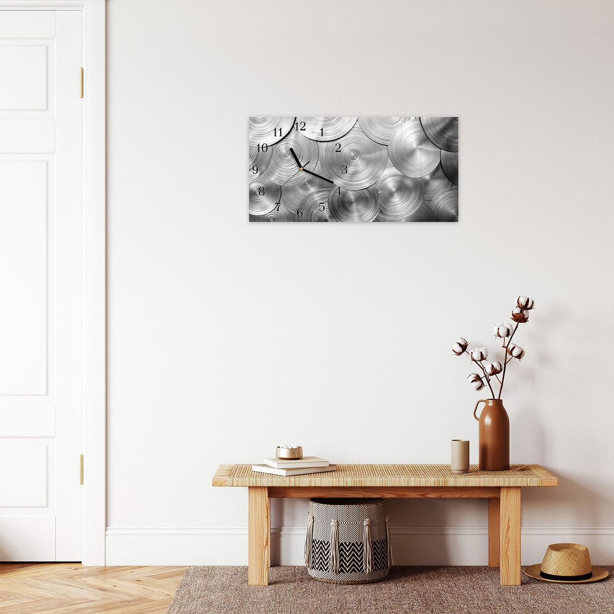 Moderne Wanduhr aus Glas mit Farbtiefe – Wanduhr Metallische Scheiben aus Glas – Querformat 60 × 30 cm