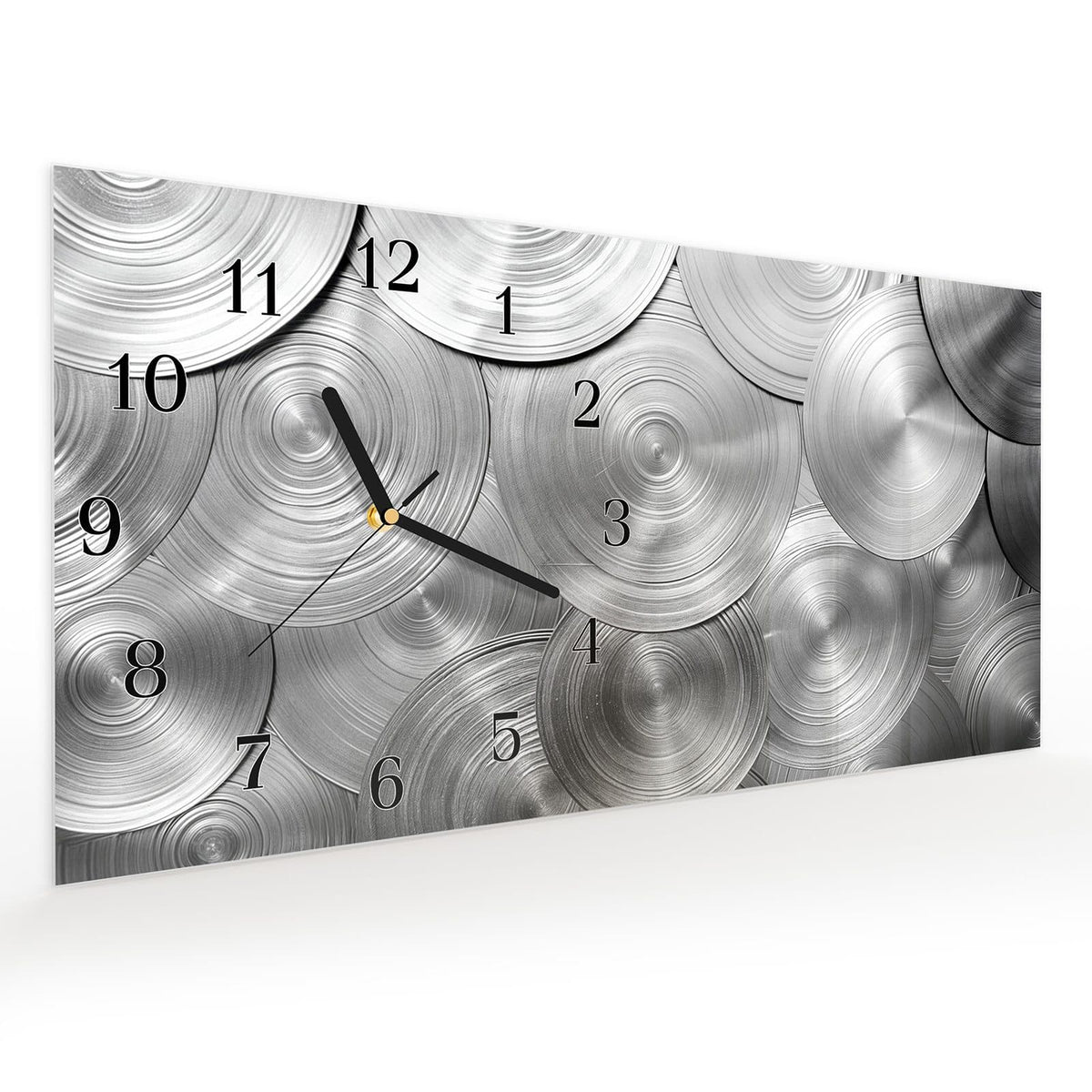 Vormontiert – mit Schwebeeffekt – Wanduhr Metallische Scheiben aus Glas – Querformat 60 × 30 cm