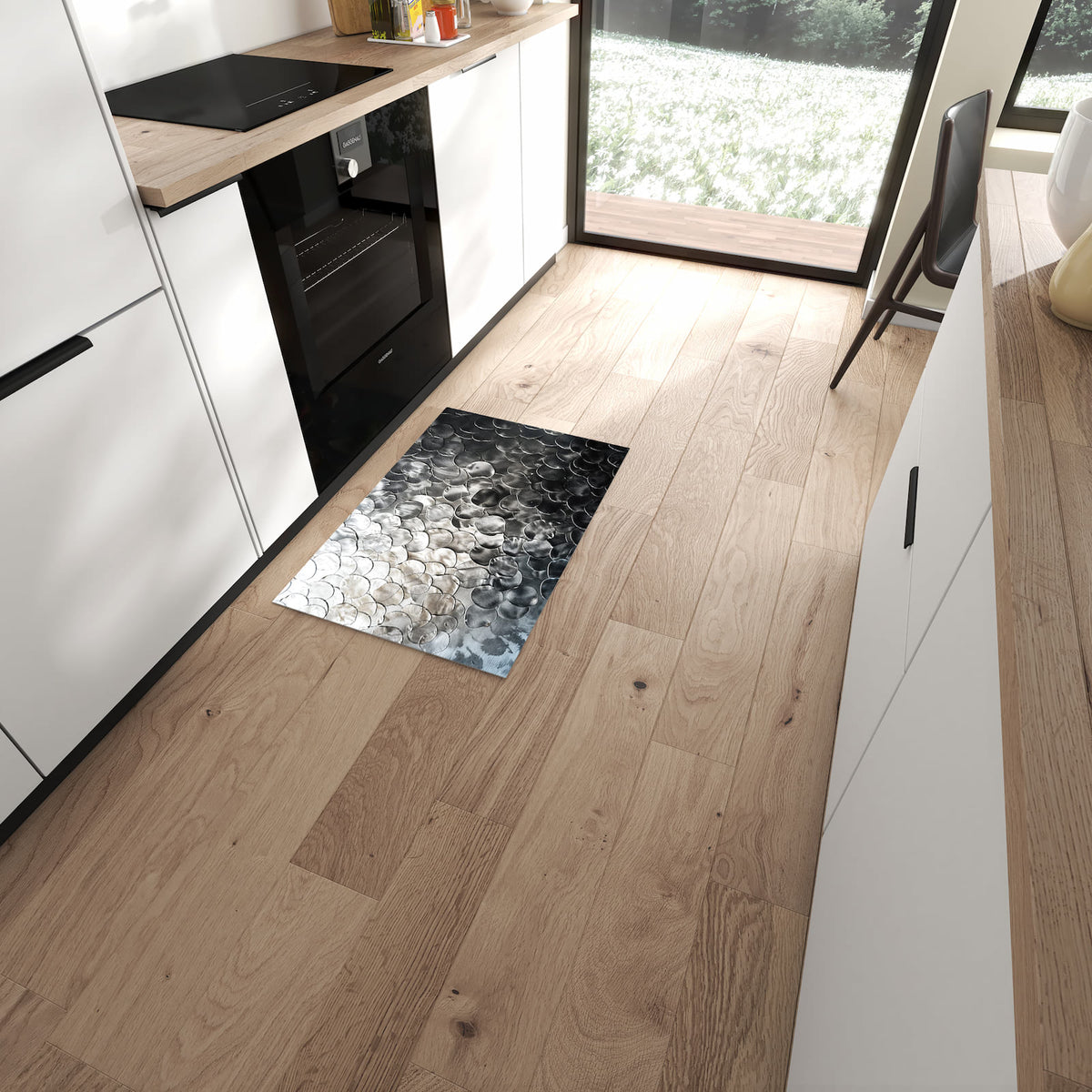 Zeitsparender moderner Küchenläufer mit Motiv Metallic Schuppen in moderner Küche