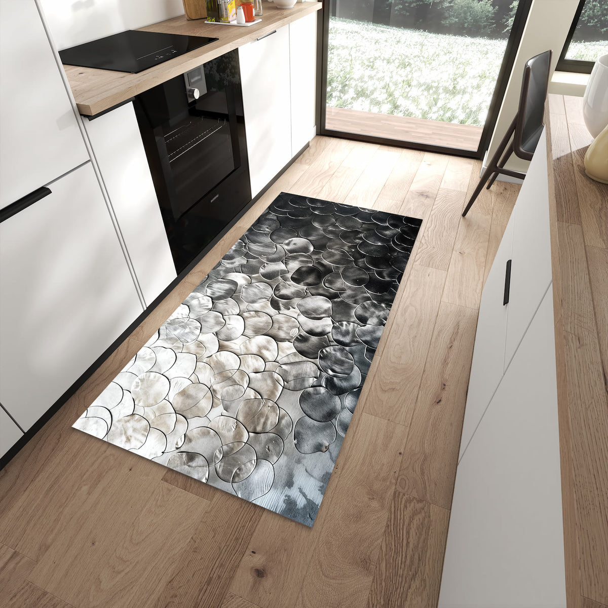 Wasserabweisender Teppich für Küche mit Motiv Metallic Schuppen in moderner Küche
