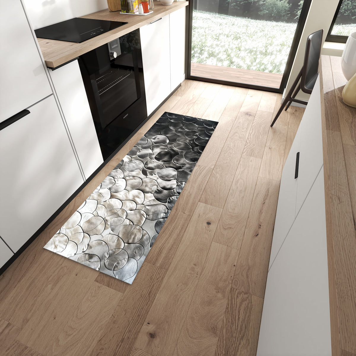 Bodenschonender rutschfester Küchenläufer mit Motiv Metallic Schuppen in moderner Küche