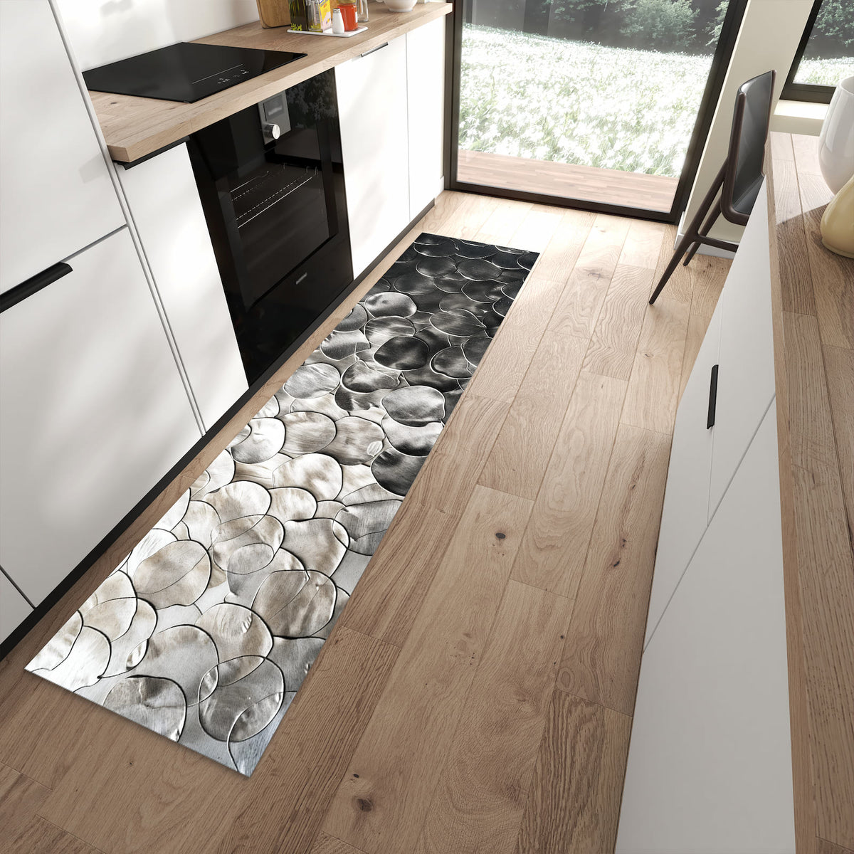 Farbbeständiger Küchenläufer mit Motiv Metallic Schuppen in moderner Küche